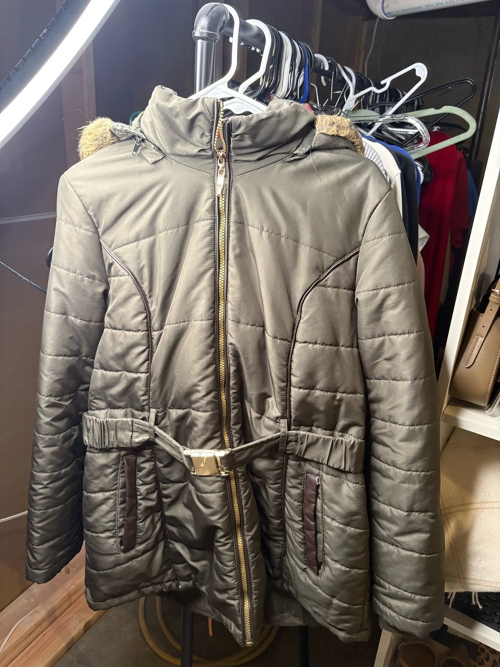 Quilted Belted Coat in Olive Green